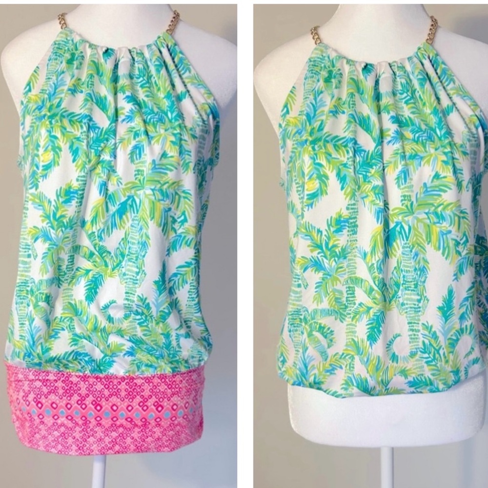 Wear 2 ways! Lilly Pulitzer Bowen S, gold chain neck in Fresh Citrus Keep Palm.